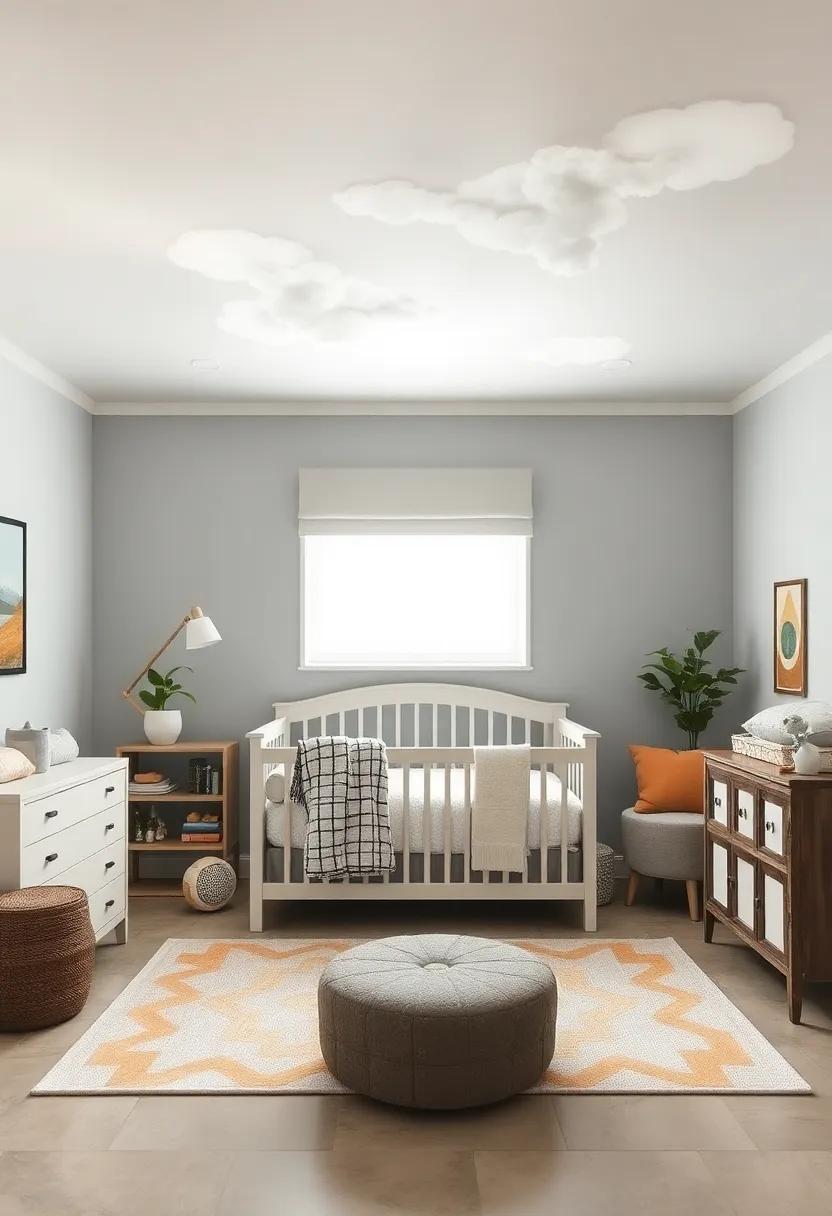 Cloudy Ceiling: Paint​ the ceiling a soft light grey and add whimsical cloud decals for a dreamy effect that ⁢transports your little one to a serene sky