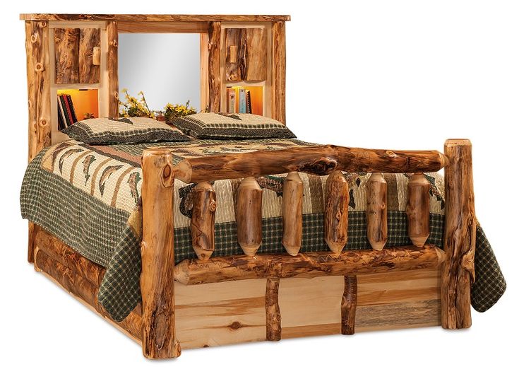 Amish Rustic Aspen Log Bed with Bookcase Headboard